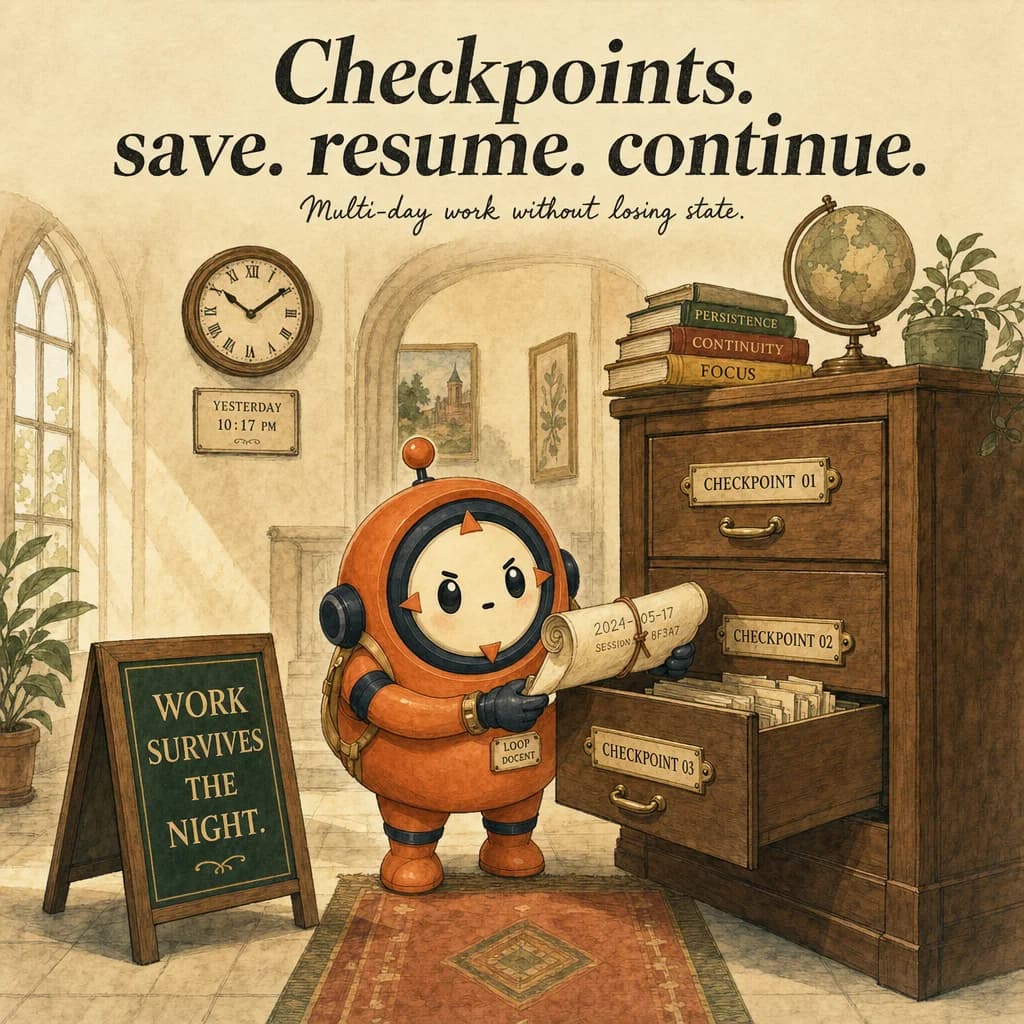 Checkpoints & Session Management, hero illustration featuring Loop mascot in a warm gallery scene.
