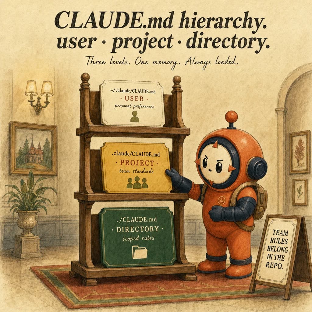CLAUDE.md Hierarchy, hero illustration featuring Loop mascot in a warm gallery scene.