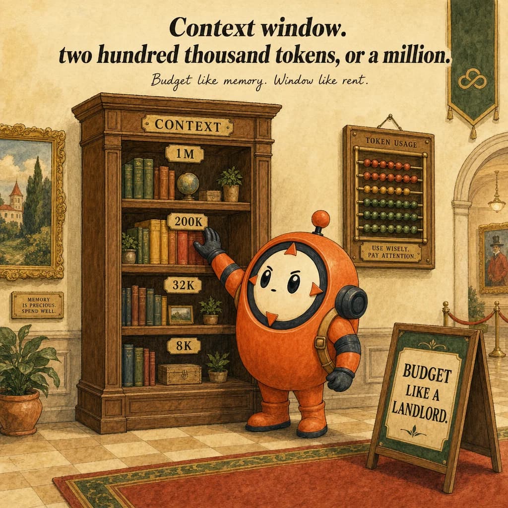 Context Window Management, hero illustration featuring Loop mascot in a warm gallery scene.