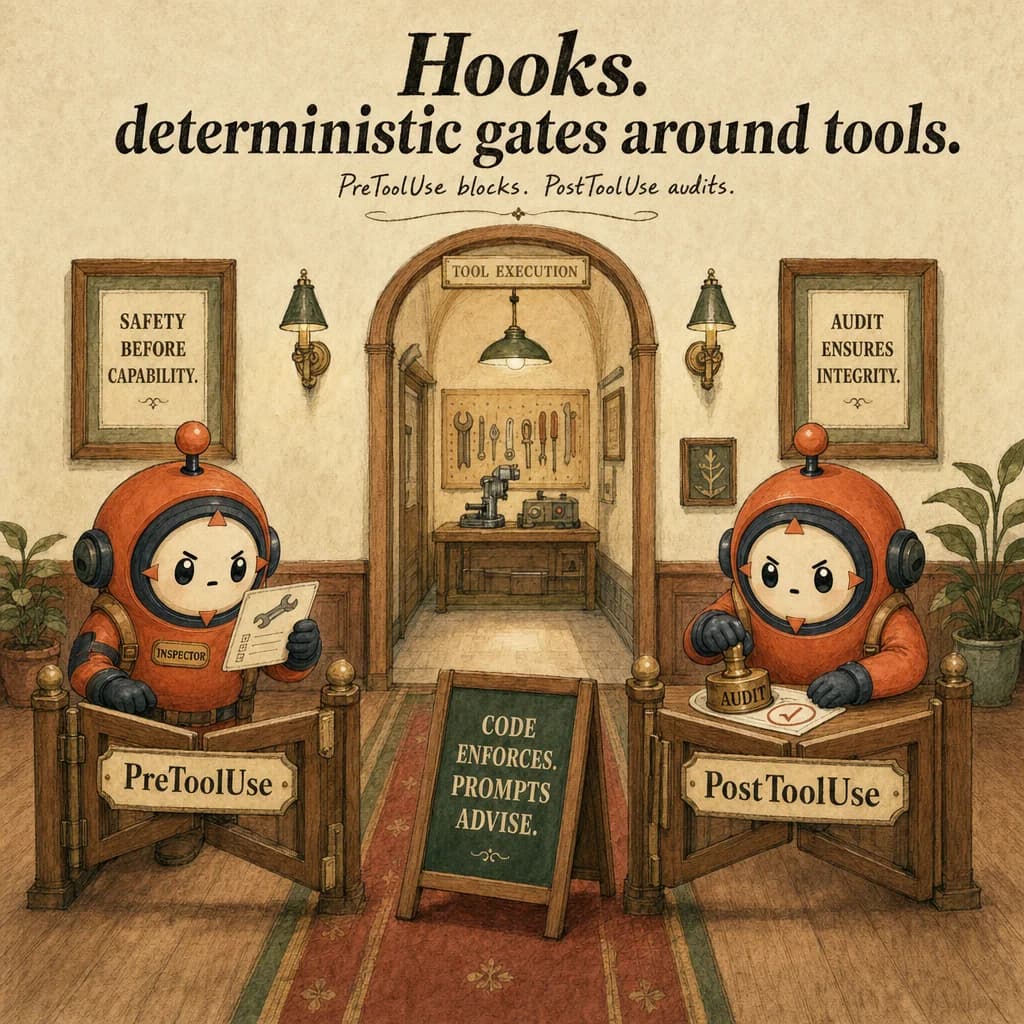 SDK Hooks (Pre/PostToolUse), hero illustration featuring Loop mascot in a warm gallery scene.
