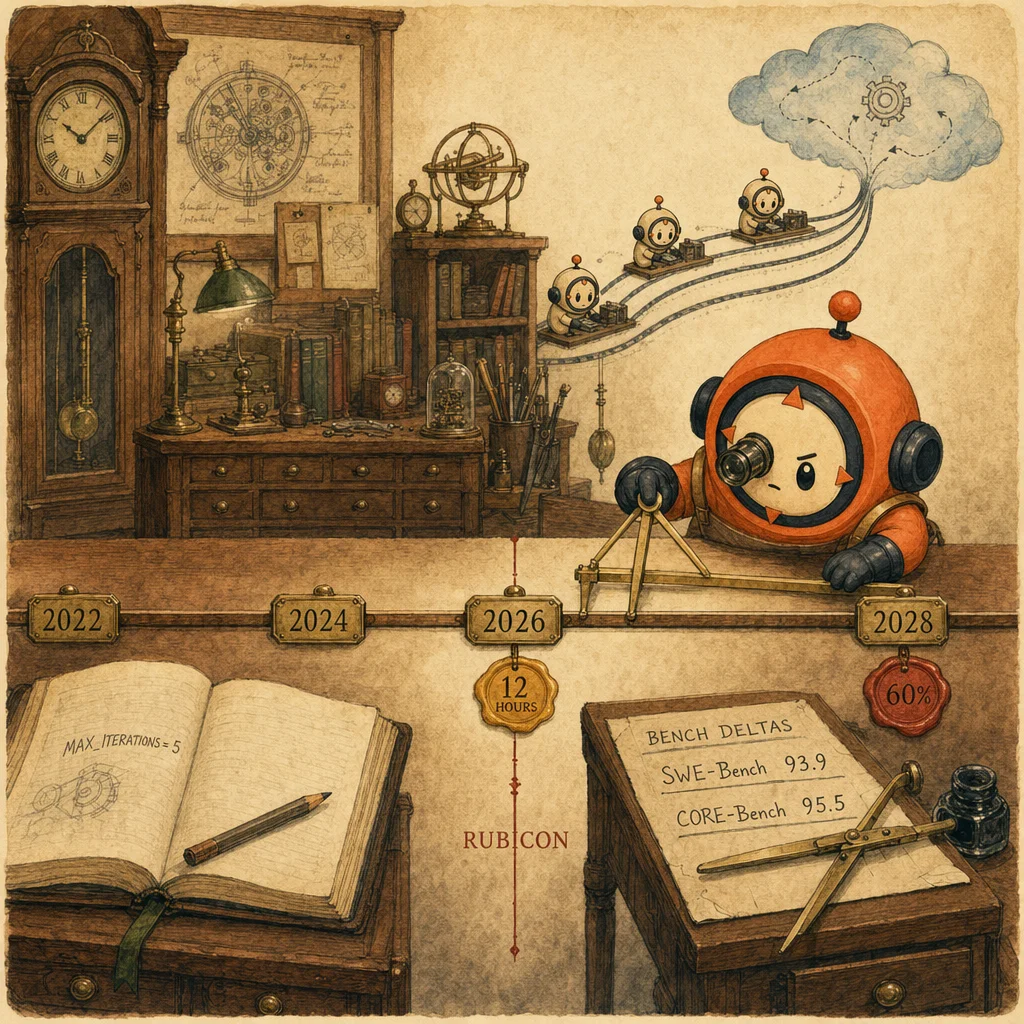 Painterly walnut horologist's atelier. A long brass-marked timeline runs from 2022 (left) to 2028 (right) with a wax-seal milestone at 12 HOURS in the middle. An ink-drawn Rubicon threshold halfway across. Tiny subagent figurines on parallel rails. Loop the chronicler measures with brass calipers.