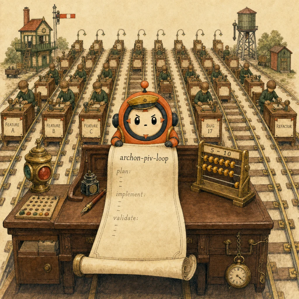 Painterly Wes-Anderson dispatcher's yard with 10 walnut workbenches on parallel brass tracks. Each bench has its own worktree-card (FEATURE A, FEATURE B...) and a small agent figure. Central dispatcher Loop holds an unrolled YAML scroll labelled archon-piv-loop.