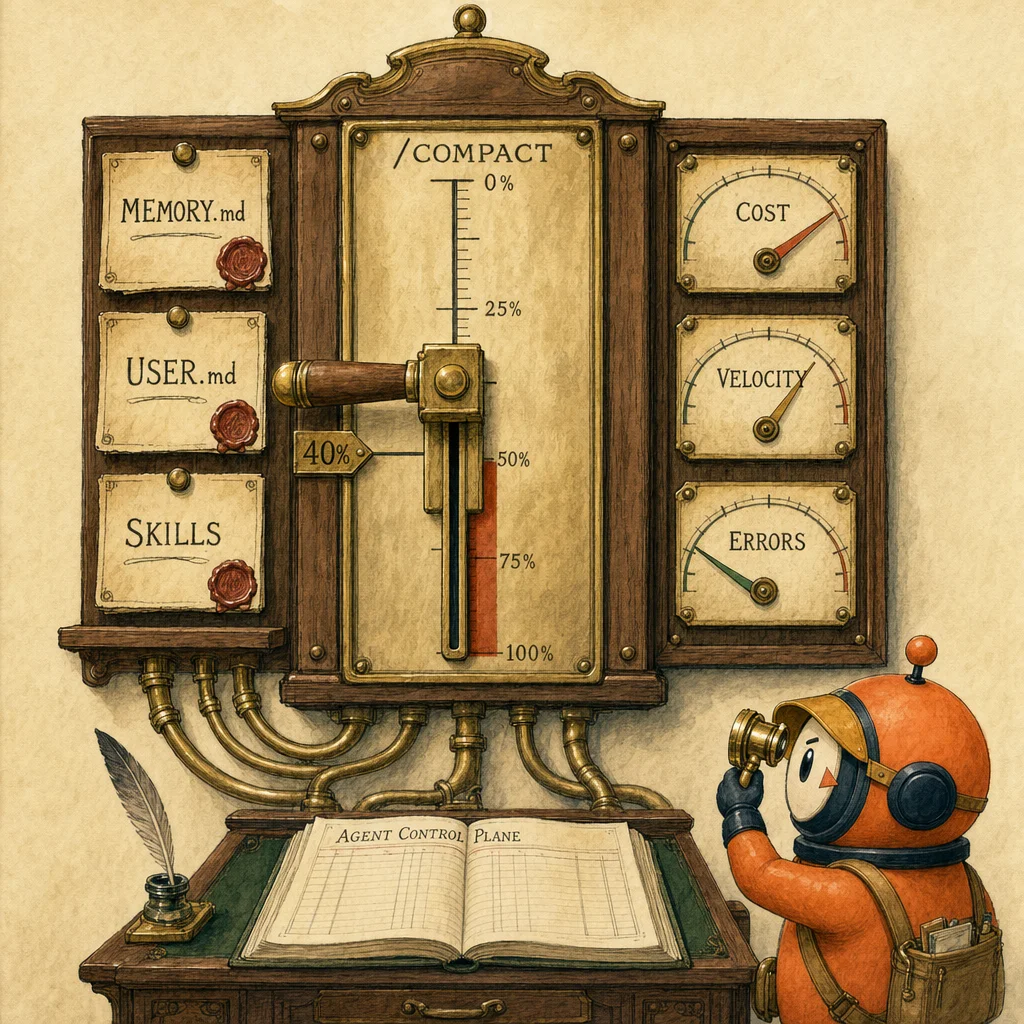 Painterly Edwardian dispatcher's panel with a brass /compact slider locked at 40%, three wax-sealed instruction cards labelled MEMORY.md / USER.md / SKILLS, and a gauge wall feeding cost dashboards. Loop in a clerk's eye-shade reads the cost gauge.