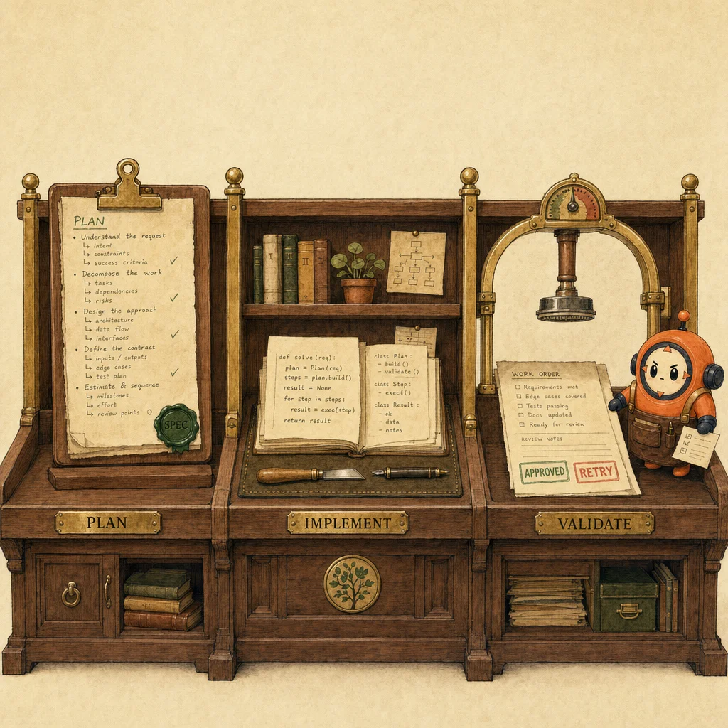 Painterly walnut three-station workbench. Station 1 (Plan): a parchment markdown spec on a clipboard. Station 2 (Implement): tools and a draft codebase. Station 3 (Validate): an inspector at a brass review gate with a stamp. Loop in apron at the review gate.
