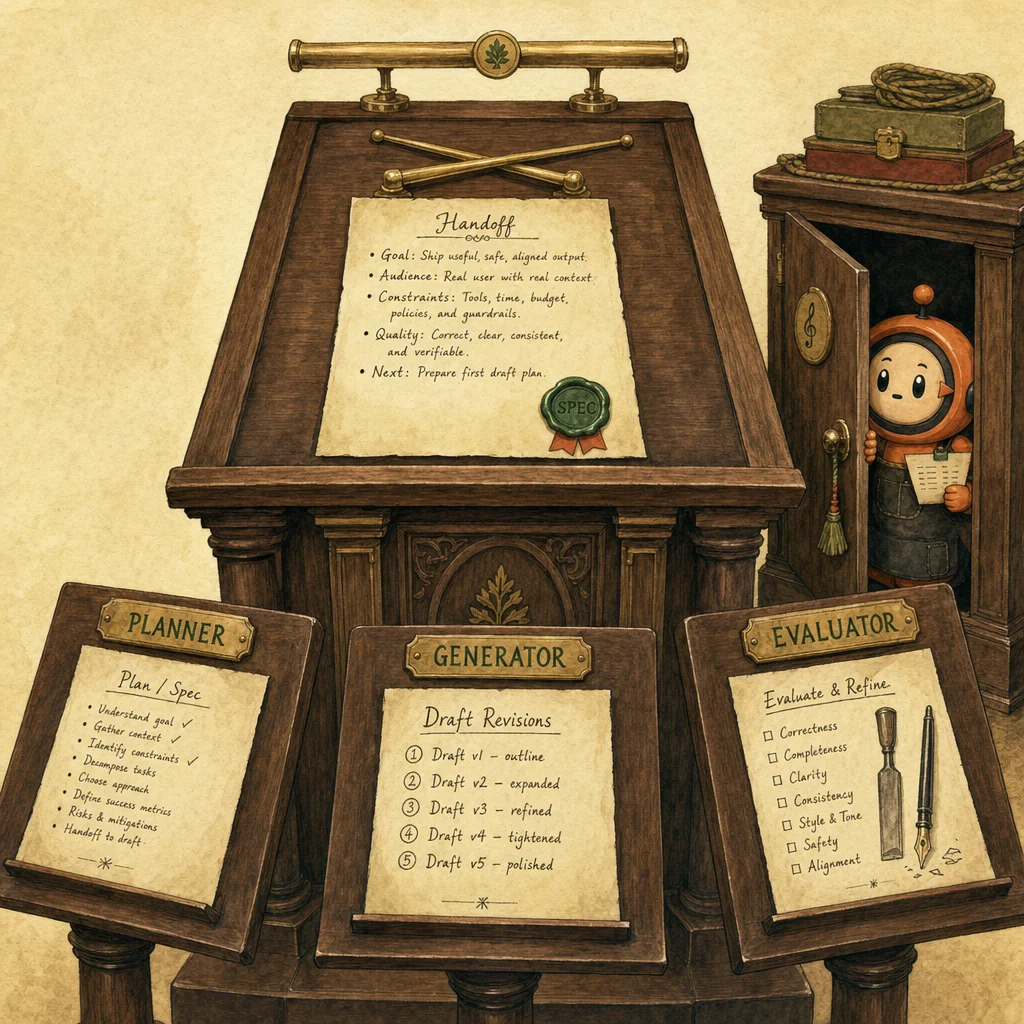 Painterly walnut orchestrator's pavilion. A central conductor's podium with brass batons. Three subordinate music stands arranged in an arc labelled PLANNER, GENERATOR, EVALUATOR. A parchment handoff card rests on the conductor's stand. Loop in a small dark-walnut stagehand cabinet to the side.