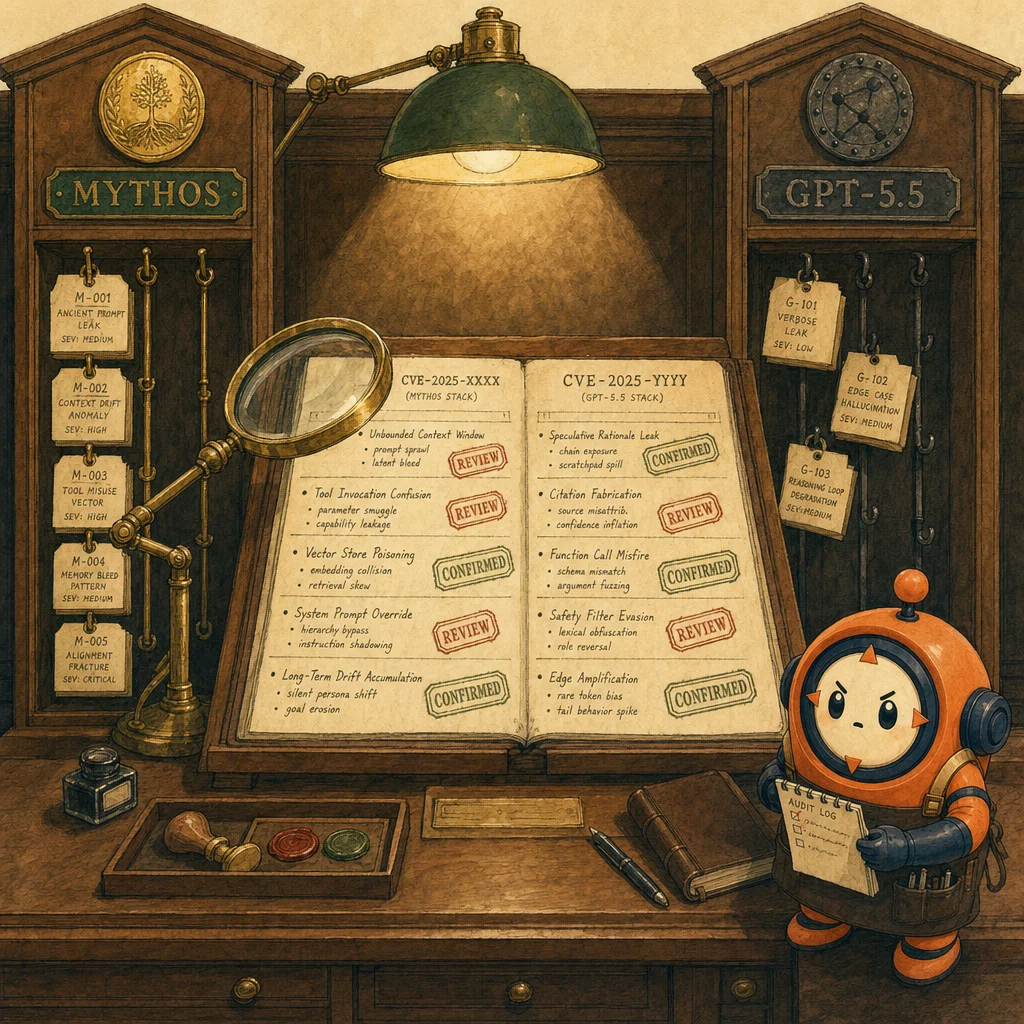 Painterly walnut crime-lab investigation desk. Left cabinet labelled MYTHOS with a brass medallion; right cabinet labelled GPT-5.5 with a tarnished iron medallion. A parchment CVE dossier open in the centre, stamped in red and green. A brass magnifying glass on a swivel arm. Loop, a small forensic note-taker, stands at the side with a parchment audit log.