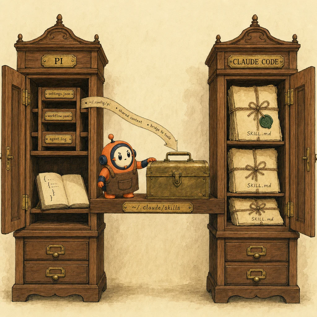 Painterly editorial illustration: two-cabinet walnut workshop with a labeled shelf bridging the cabinets, holding a shared toolbox. Loop the orange mascot stands by the shelf as a small subordinate guide.