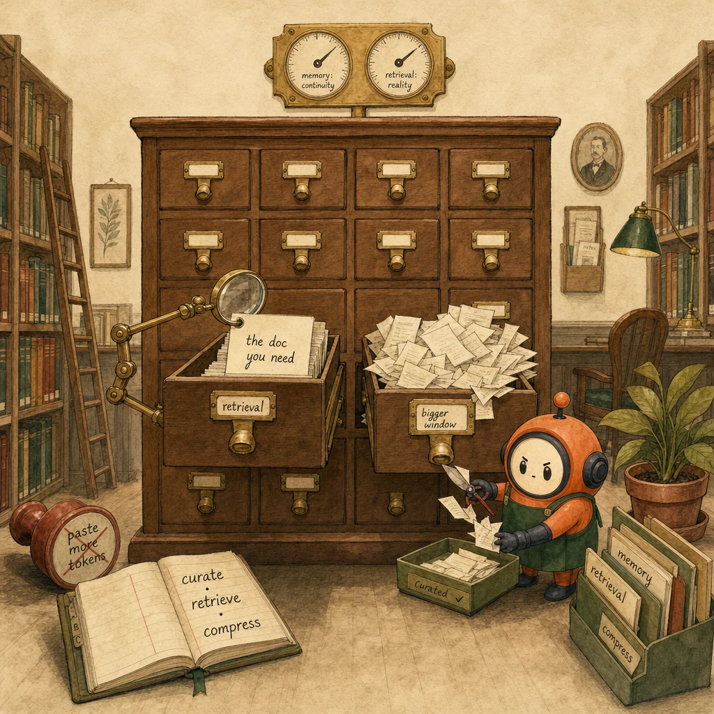 Loop the orange ACP mascot as a small librarian pruning an overflowing paper hoard while a magnifier pulls the one right card from a tidy curated card catalog beside it.
