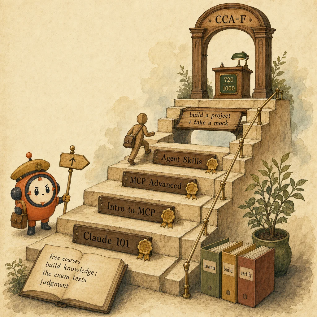 Loop the mascot as a guide on a rising parchment staircase: the lower steps are free Anthropic Academy course tiers and the summit is the Claude Certified Architect exam, illustrating the path from free courses to certification.