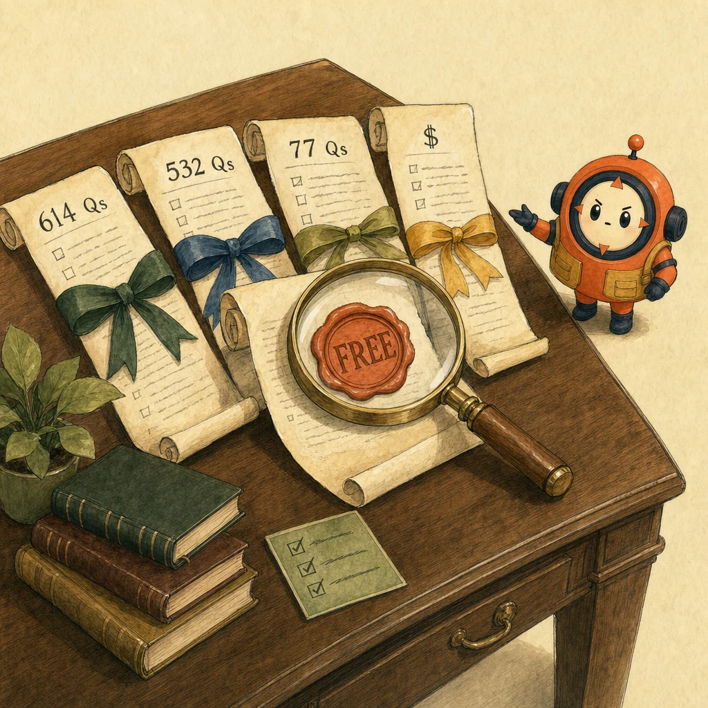 Loop the mascot as a small roadside guide beside a walnut research desk where several different exam-paper scrolls are fanned out for comparison, one stamped FREE in orange ink, with a magnifying glass resting over them.