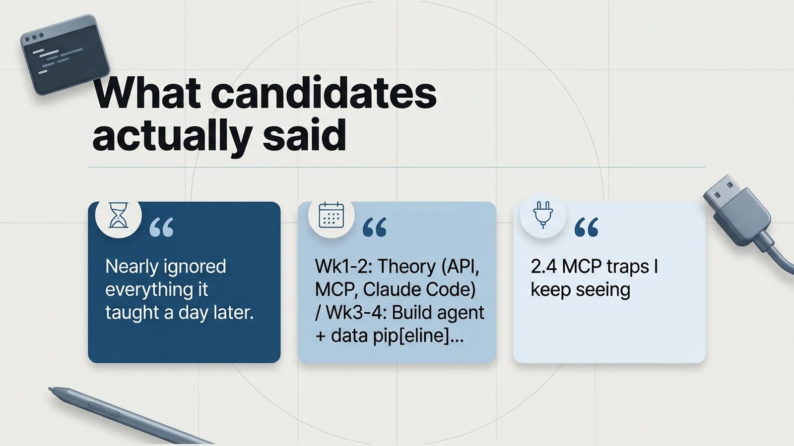 Three quote cards in tints of blue with hourglass, calendar and plug icons, reproducing candidate posts as captured. The trailing dots mark where a post continued past the excerpt.