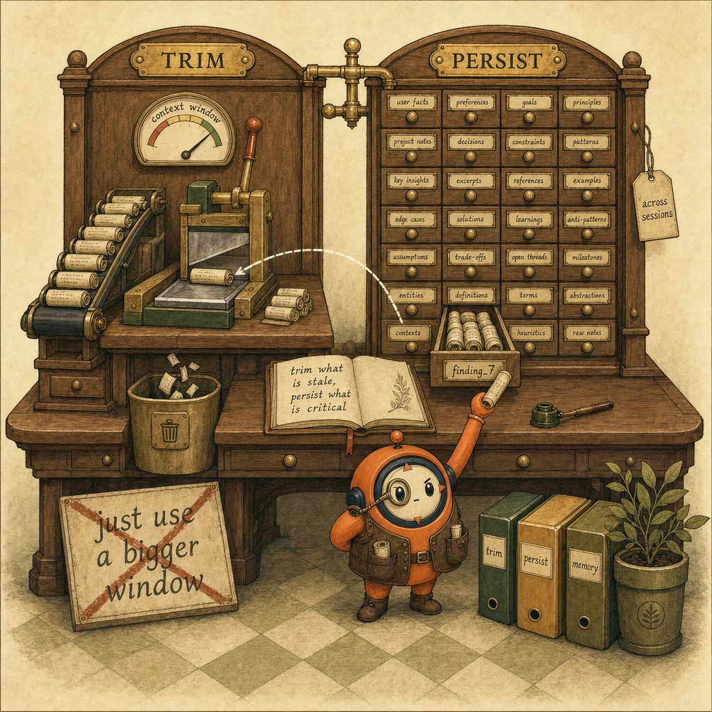 Loop the mascot as a librarian-archivist running a two-layer context system: a compaction desk that trims stale scrolls and a vault of memory files that persists the important ones, illustrating Claude context management for long-running agents.