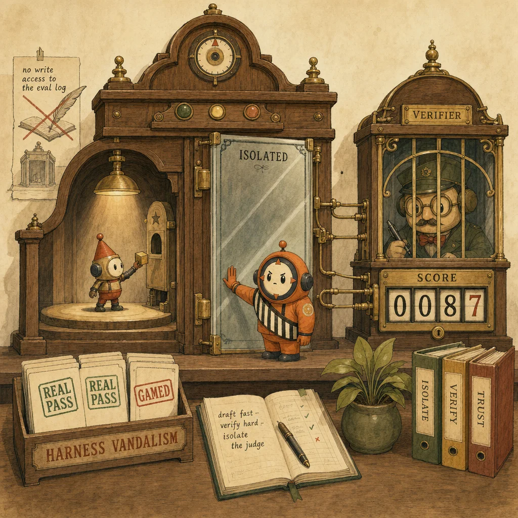 Loop the orange ACP mascot as a referee keeping a sealed scoring booth isolated from a contestant who cannot reach the scoreboard, illustrating verifier isolation.
