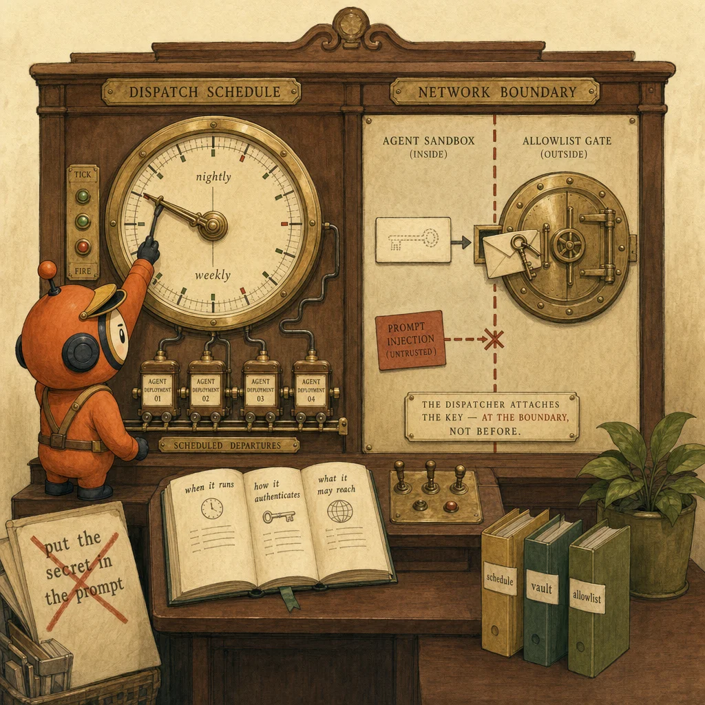 Loop the mascot as a stationmaster running unattended agents: a brass cron clock triggers scheduled agent runs while a sealed vault attaches credentials at the network boundary, illustrating Claude Managed Agents scheduling and vaults.