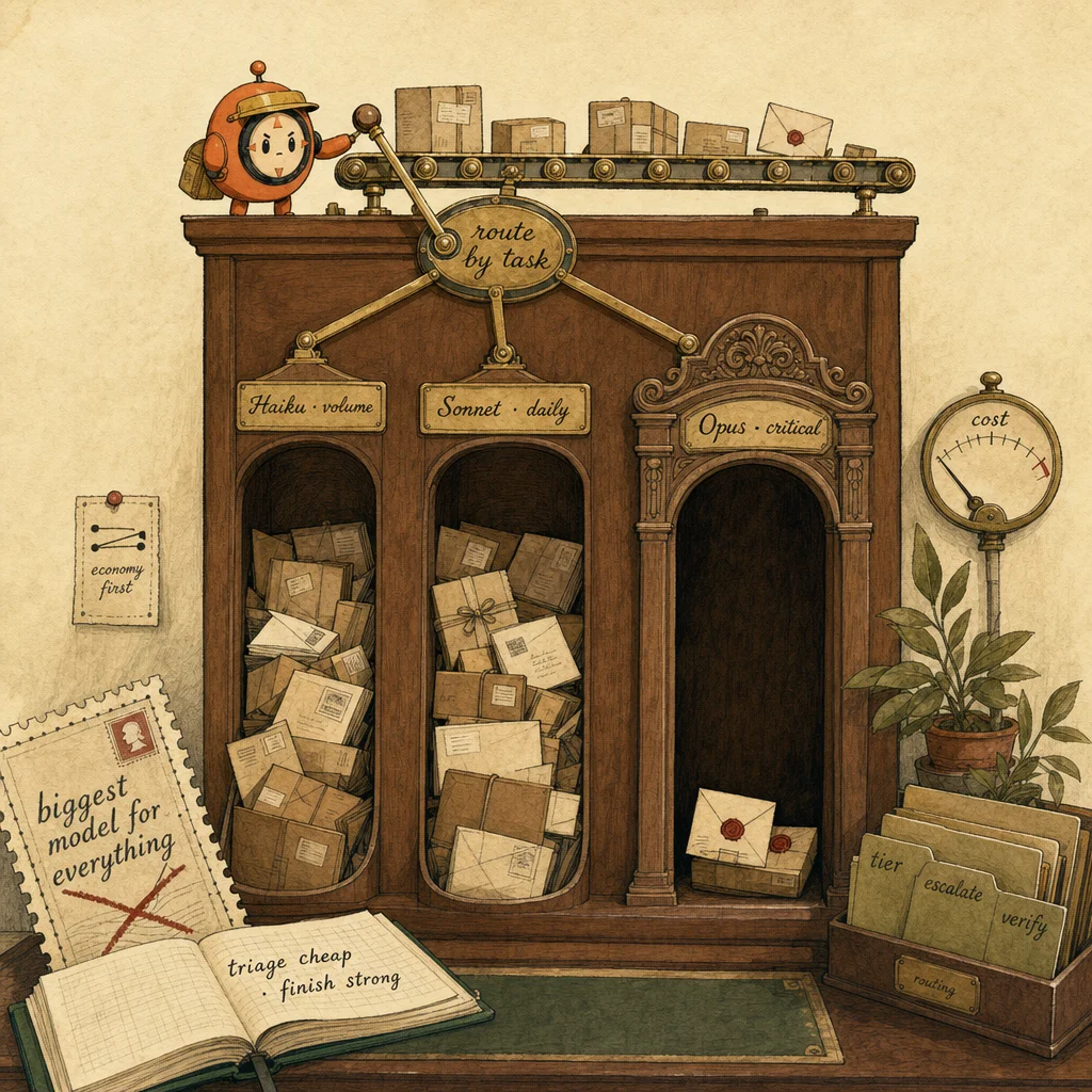 Loop the orange ACP mascot as a postmaster at a three-chute routing wall sorting parcels into Haiku, Sonnet, and Opus chutes by task, illustrating task-tier model routing.
