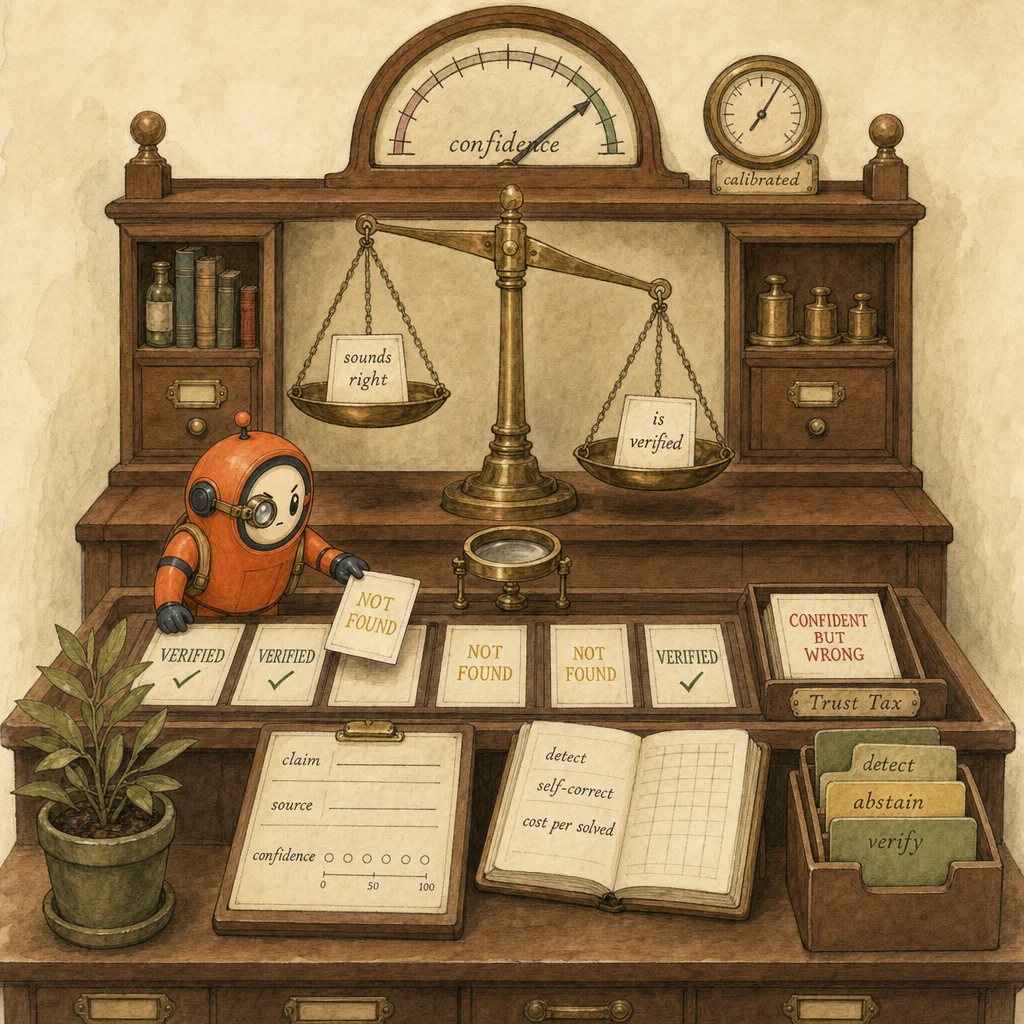 Loop the orange ACP mascot as an assayer at a verification bench with a balance scale weighing sounds-right against is-verified, placing a NOT FOUND card in the verified row, illustrating honesty as an evaluation metric.