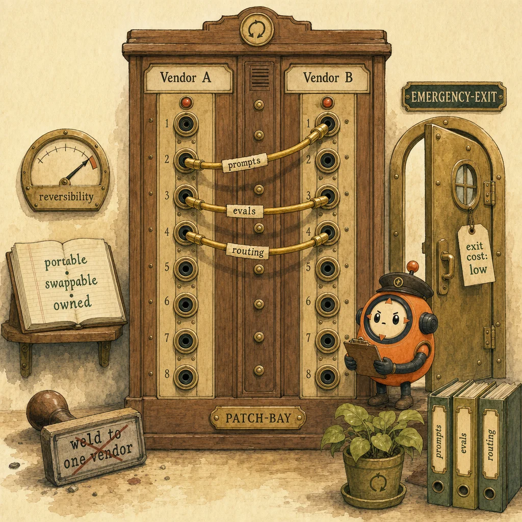 Loop the orange ACP mascot as a small dispatcher checking a clean emergency exit beside a modular plug-board where prompt, eval, and routing cables can unplug from one vendor socket and replug into another.