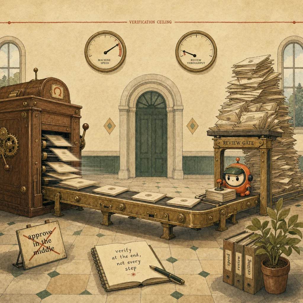 Loop the orange ACP mascot as an inspector batching stamps at a review gate where fast-produced work-packets pile up, illustrating the verification ceiling.