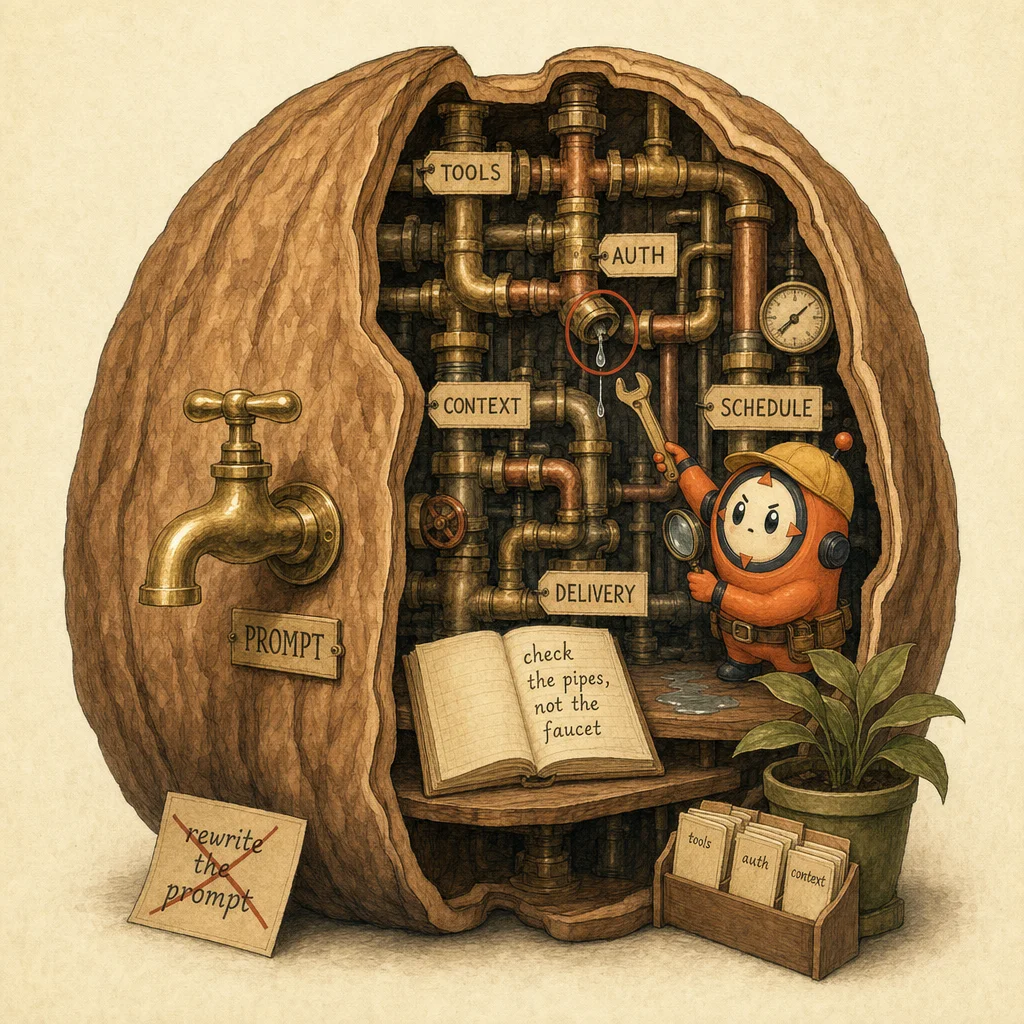 A cutaway wall showing a shiny brass PROMPT faucet at the front and the real tangle of labelled pipes behind it (tools, auth, context, schedule, delivery) with one leaking auth joint, while Loop the orange ACP mascot as a plumber points at the leak rather than the faucet.