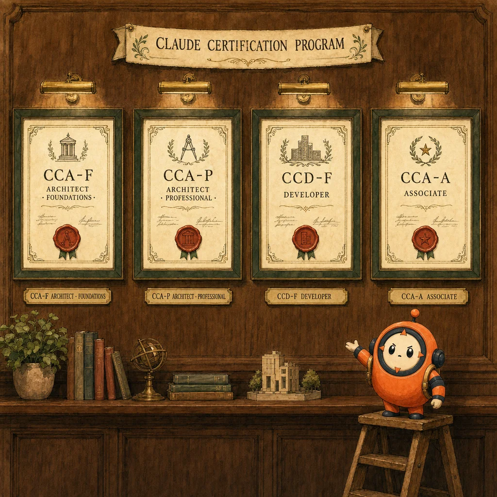 The four Claude certifications presented as framed credentials, painterly.