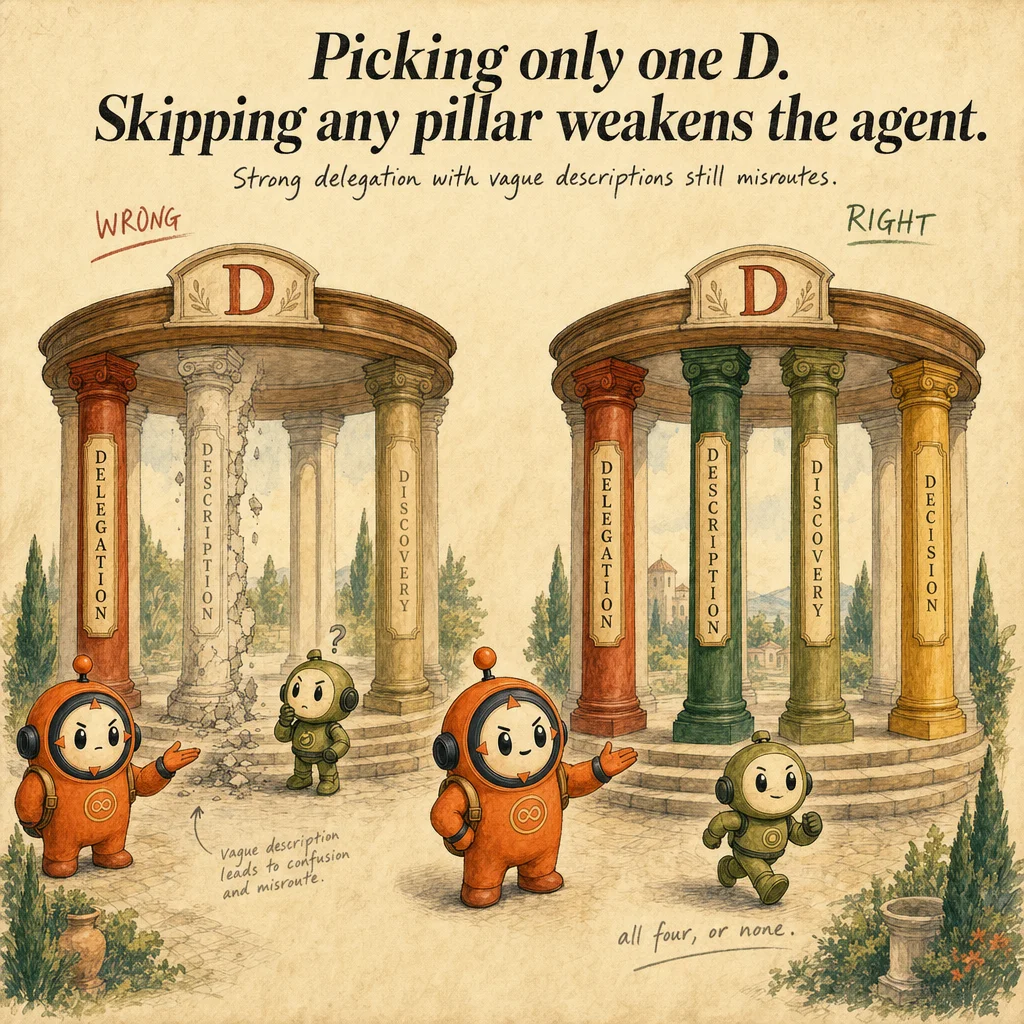 4D Framework exam trap, painterly cautionary scene featuring Loop mascot.