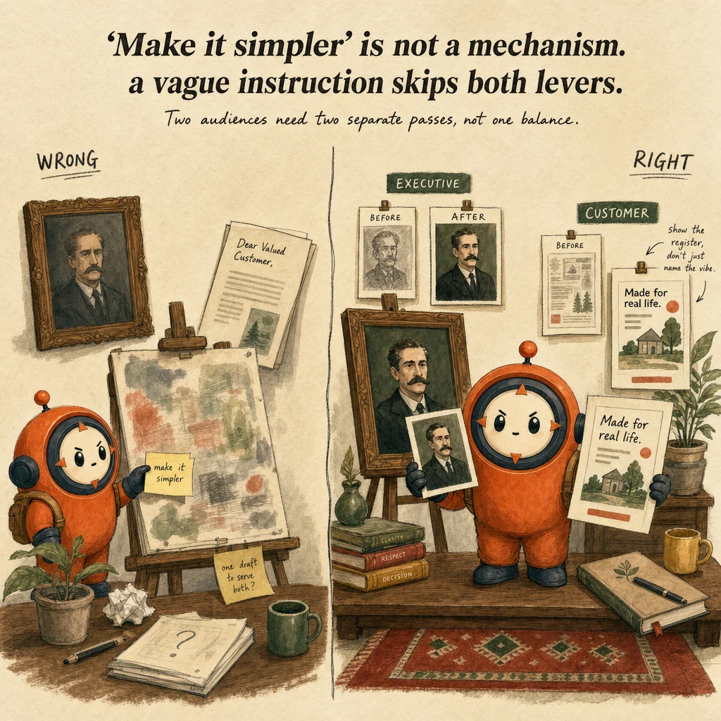 Editing & Adapting Outputs for the Intended Audience exam trap, painterly cautionary scene featuring Loop mascot.