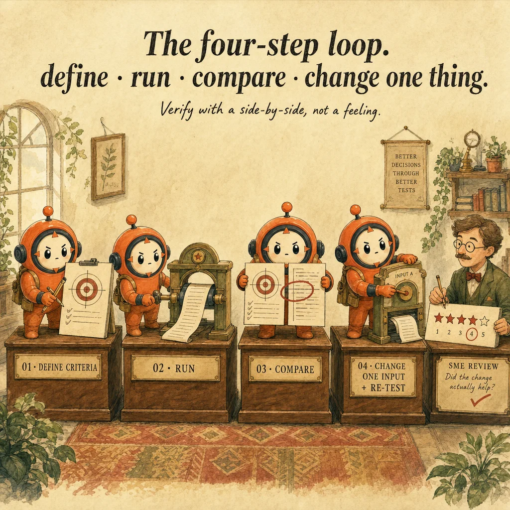 Adjusting Approach Based on Feedback & Results mechanics, painterly diagram featuring Loop mascot.