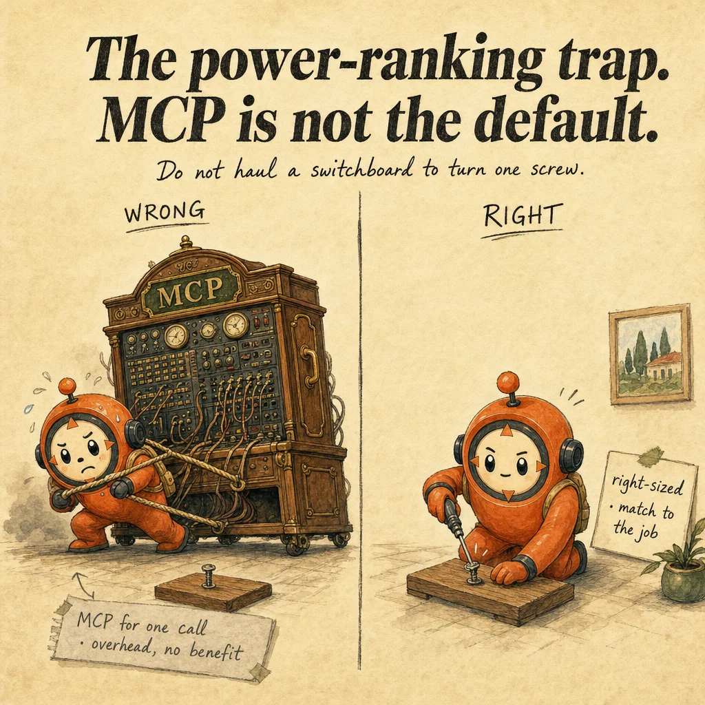 Built-In Tools vs Custom Tools vs Skills vs MCP exam trap, painterly cautionary scene featuring Loop mascot.