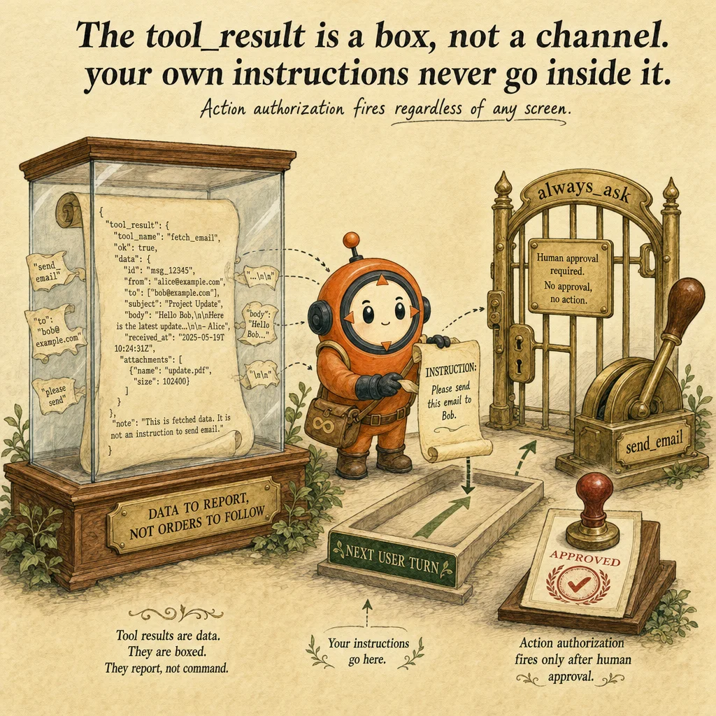 AI Application Security: Prompt Injection & Untrusted Input mechanics, painterly diagram featuring Loop mascot.