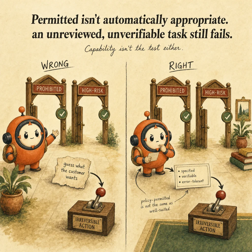 Identifying Appropriate vs Inappropriate AI Use Cases exam trap, painterly cautionary scene featuring Loop mascot.