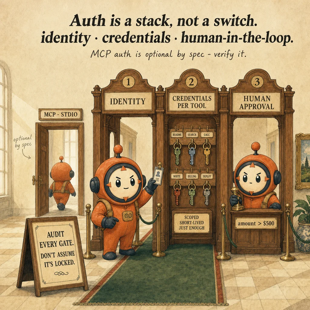 Authentication & Access Control for Agent Systems, hero illustration featuring Loop mascot in a warm gallery scene.