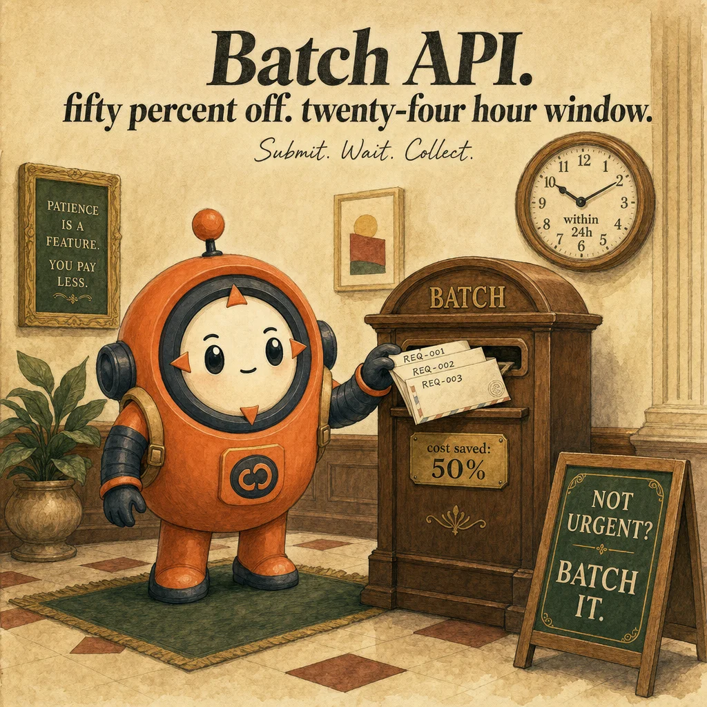 Batch API, hero illustration featuring Loop mascot in a warm gallery scene.