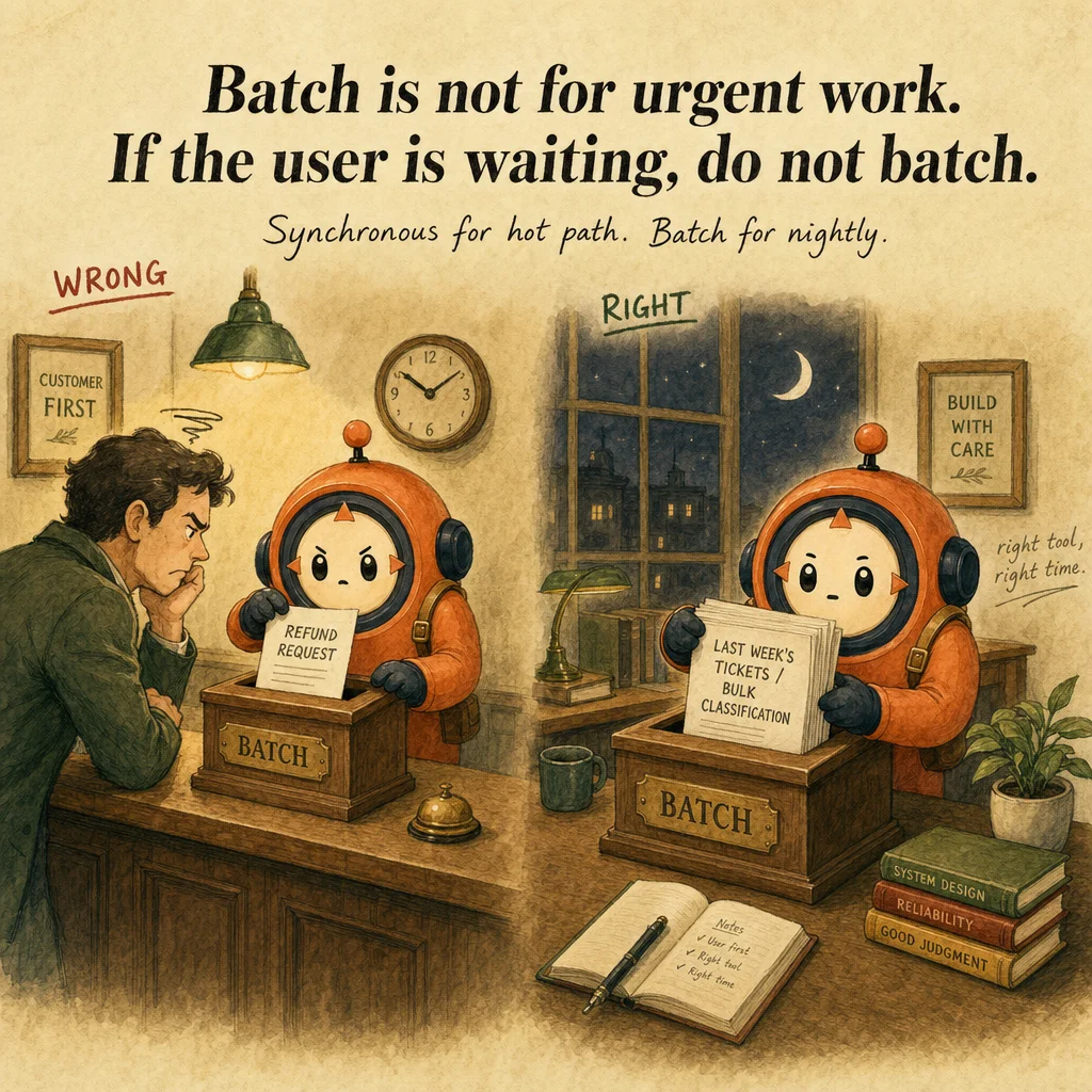 Batch API exam trap, painterly cautionary scene featuring Loop mascot.