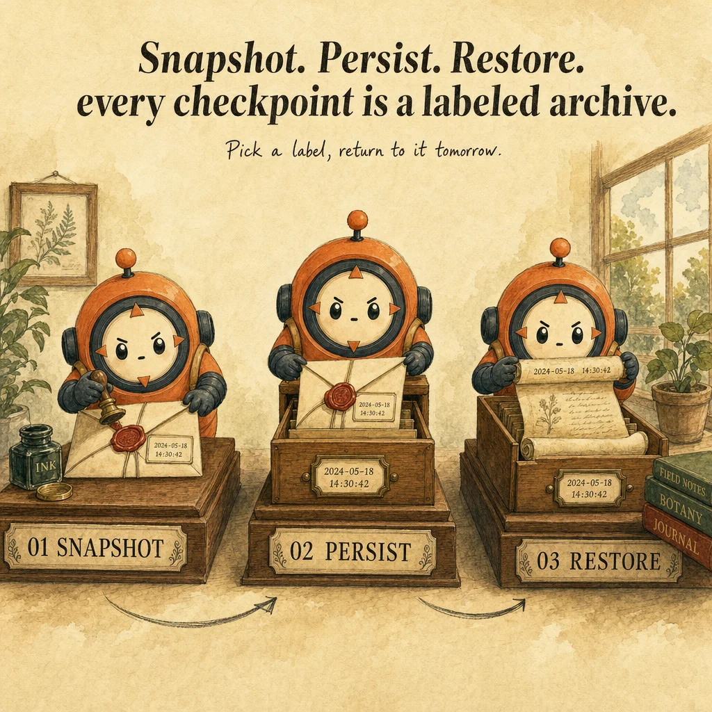Checkpoints & Session Management mechanics, painterly diagram featuring Loop mascot.