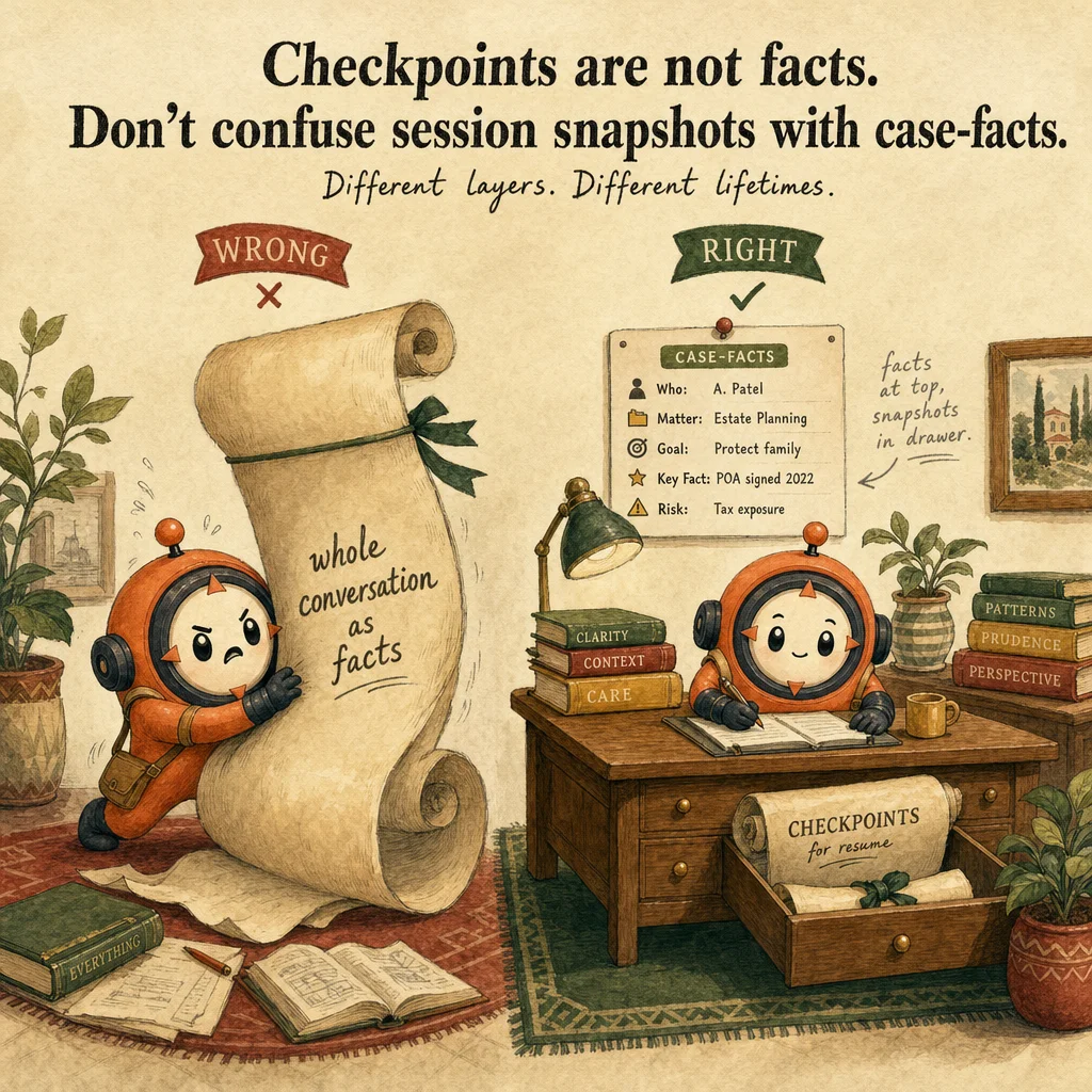Checkpoints & Session Management exam trap, painterly cautionary scene featuring Loop mascot.