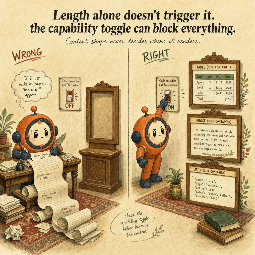 Choosing Output Formats: Artifacts vs Inline vs Structured Data exam trap, painterly cautionary scene featuring Loop mascot.
