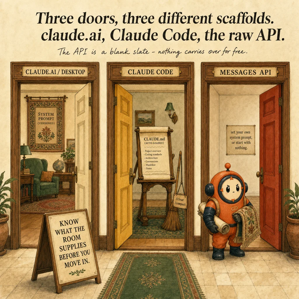 Claude Application Design Across Interfaces, hero illustration featuring Loop mascot in a warm gallery scene.