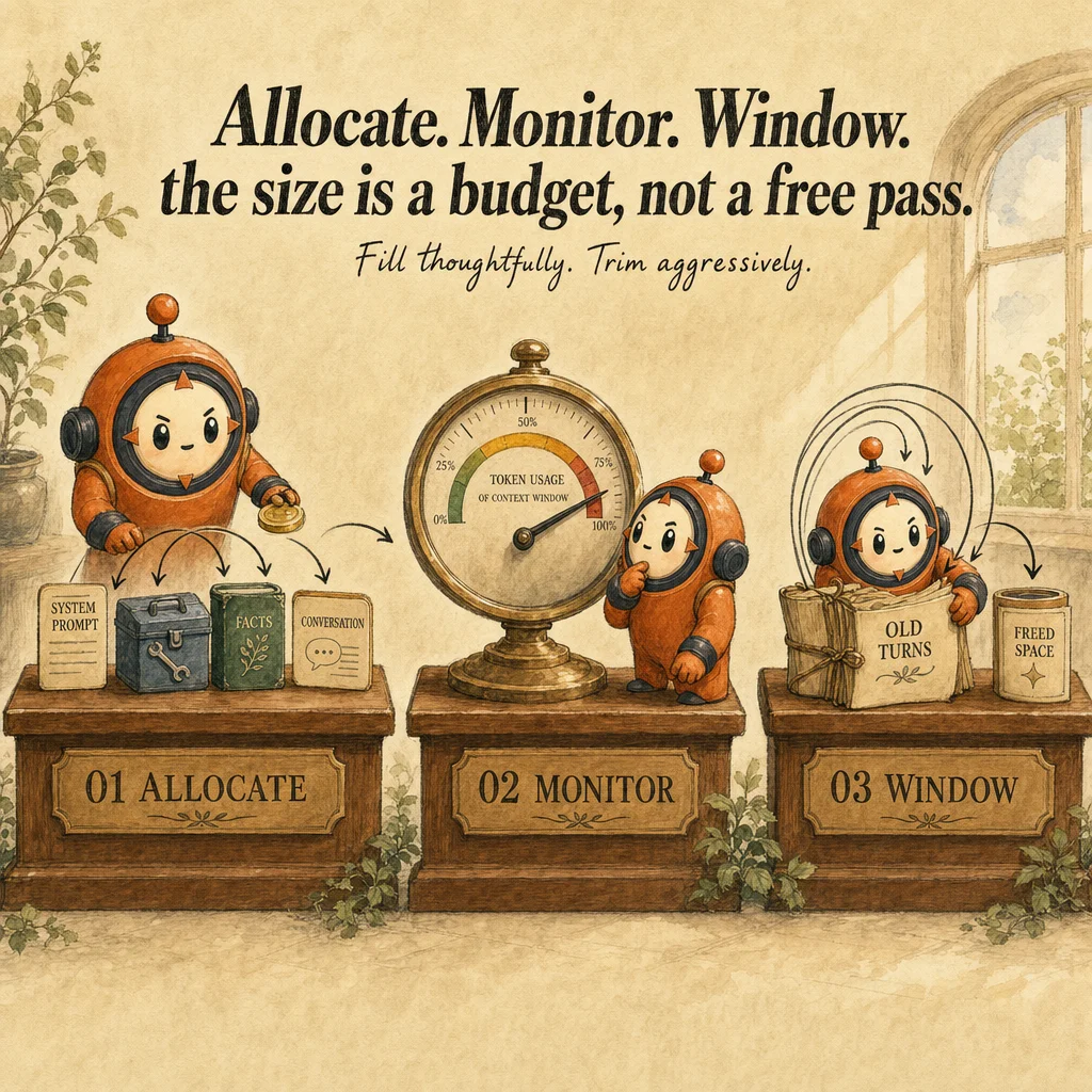 Context Window Management mechanics, painterly diagram featuring Loop mascot.