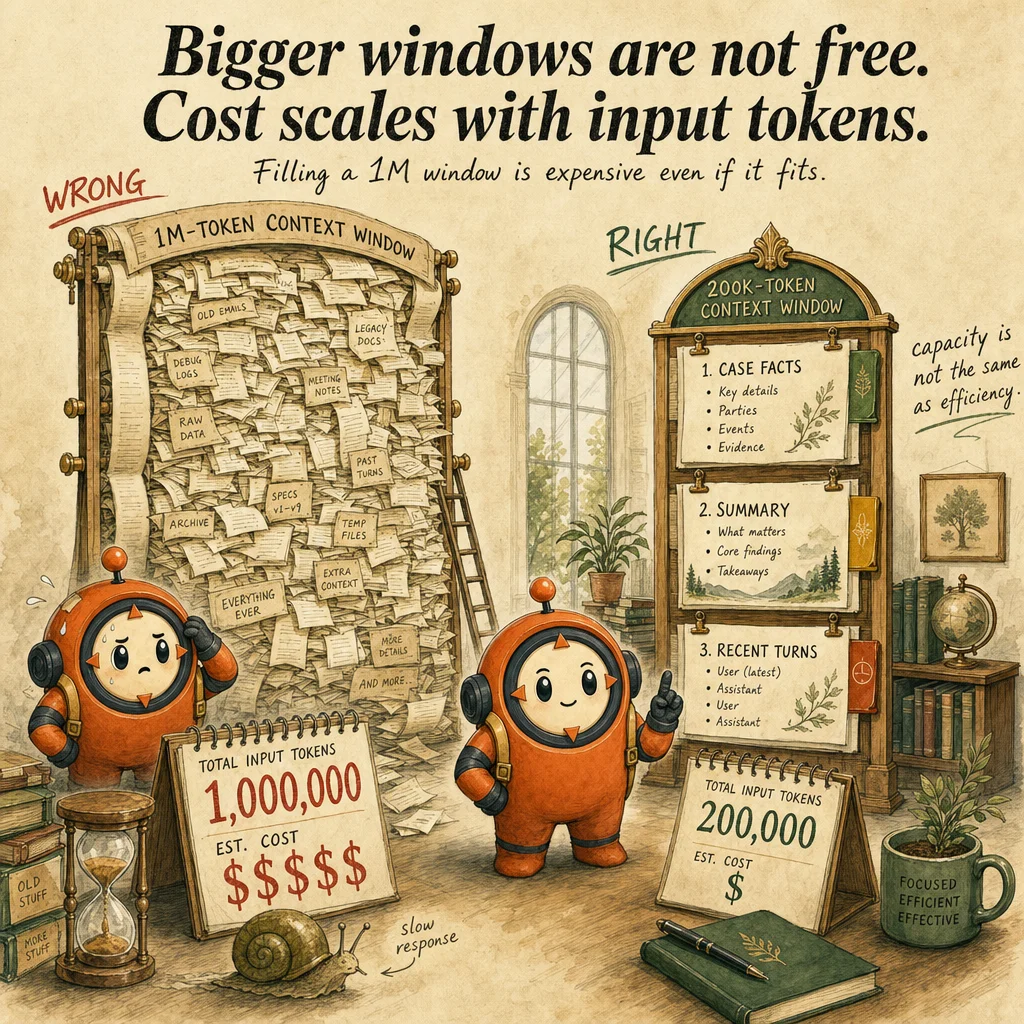 Context Window Management exam trap, painterly cautionary scene featuring Loop mascot.