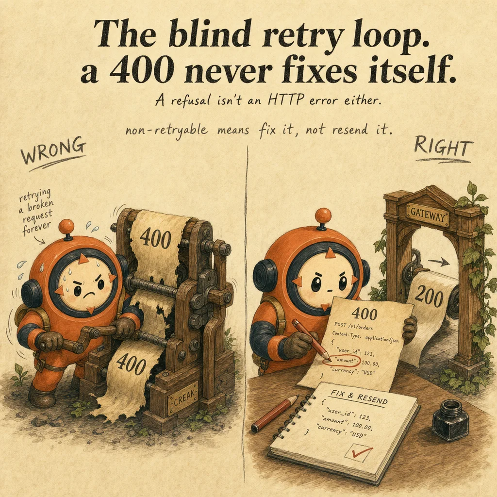 Debugging LLM System Failures exam trap, painterly cautionary scene featuring Loop mascot.