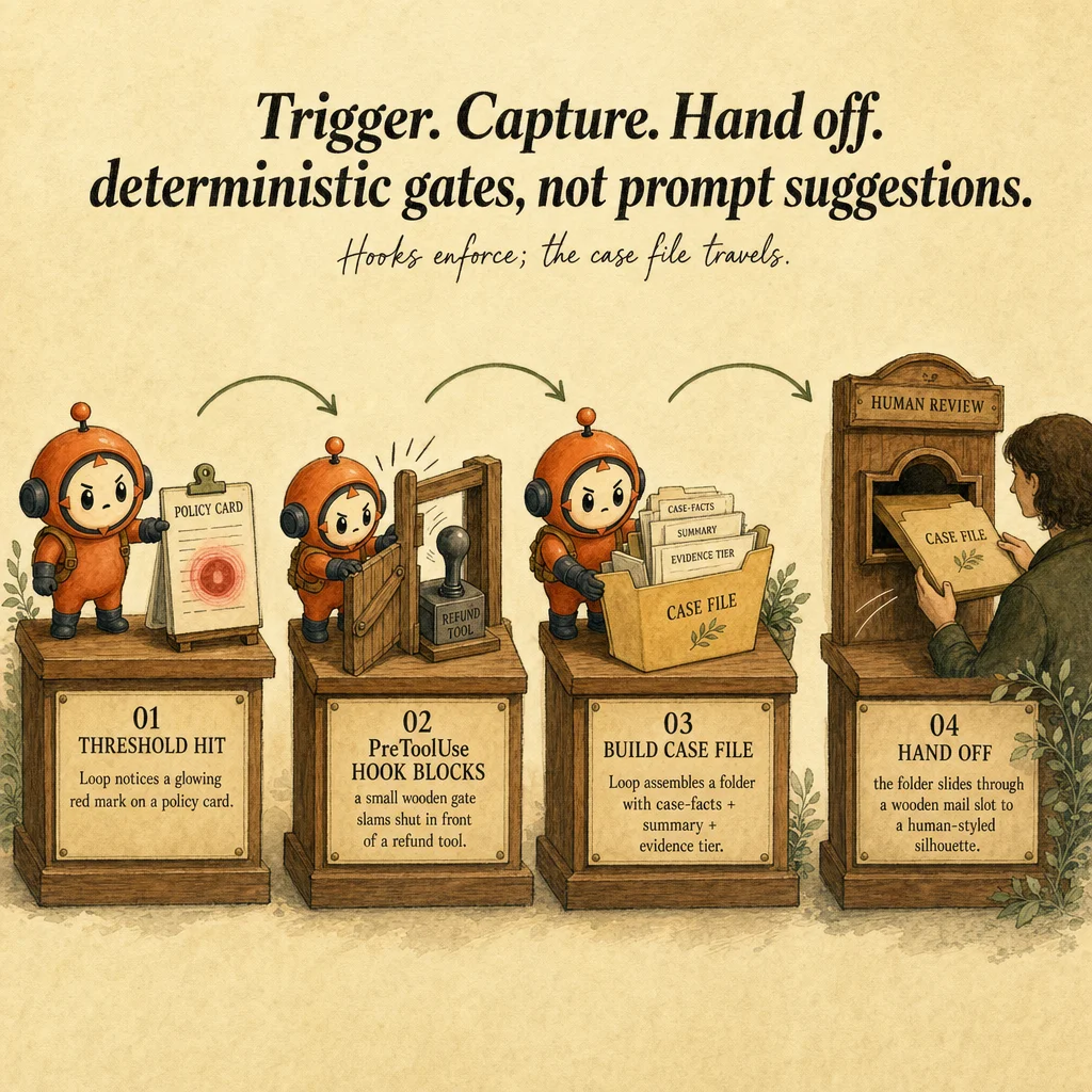 Human-in-the-Loop Escalation mechanics, painterly diagram featuring Loop mascot.