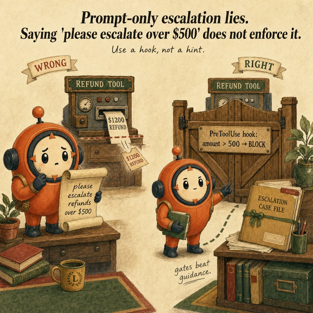 Human-in-the-Loop Escalation exam trap, painterly cautionary scene featuring Loop mascot.