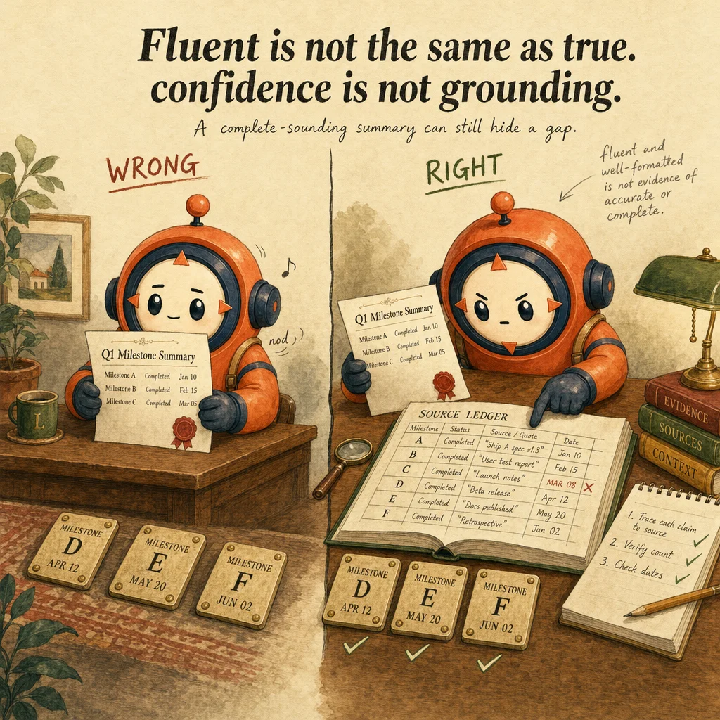 Evaluating Claude Output for Accuracy & Completeness exam trap, painterly cautionary scene featuring Loop mascot.