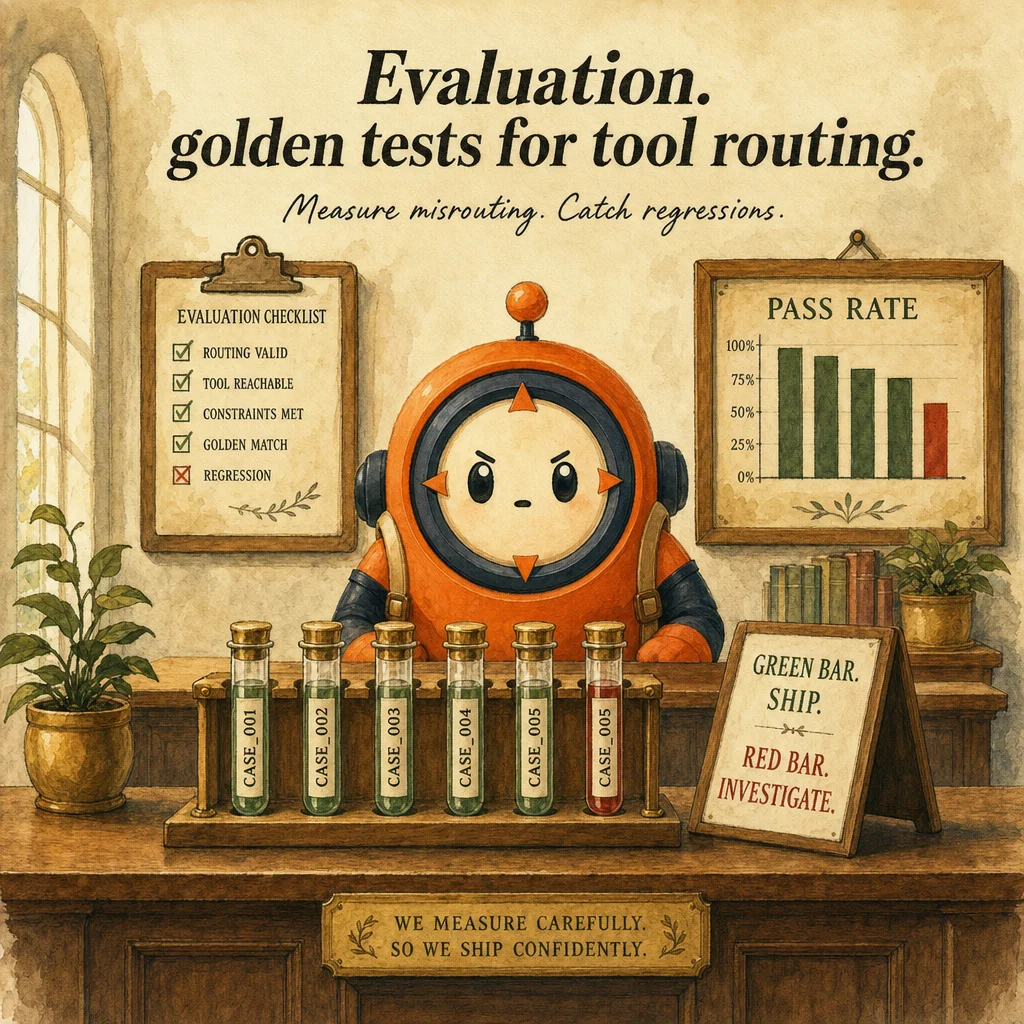 Tool Evaluation & Testing, hero illustration featuring Loop mascot in a warm gallery scene.
