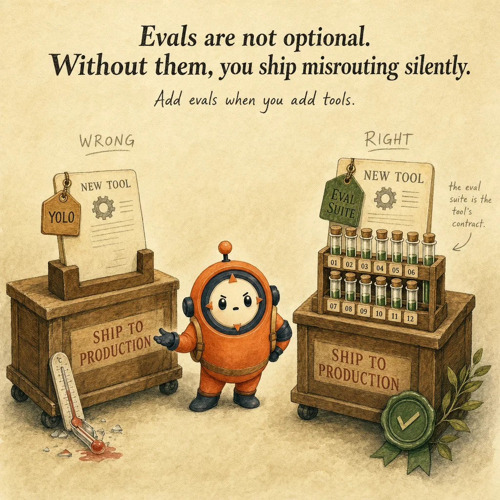 Tool Evaluation & Testing exam trap, painterly cautionary scene featuring Loop mascot.