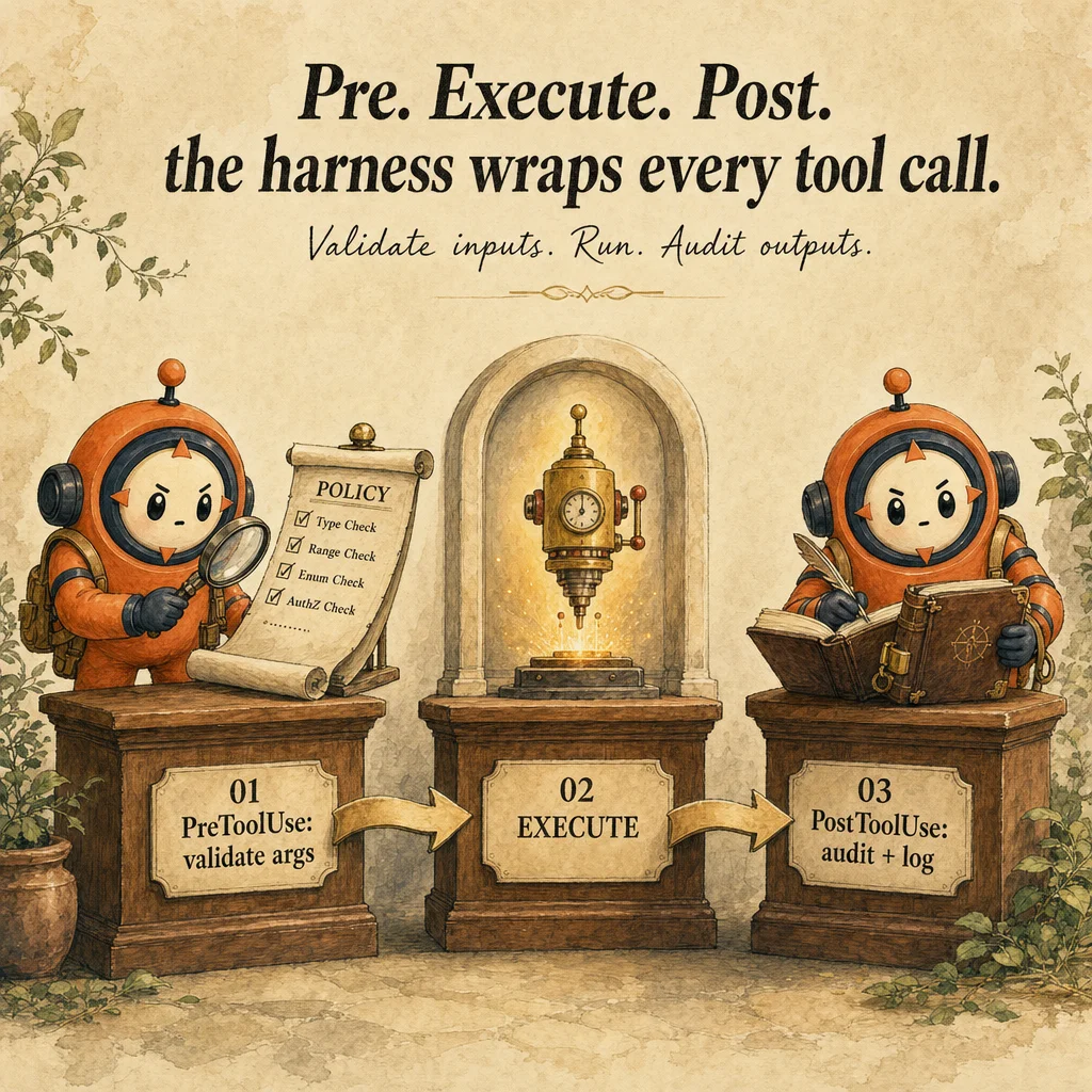 SDK Hooks (Pre/PostToolUse) mechanics, painterly diagram featuring Loop mascot.