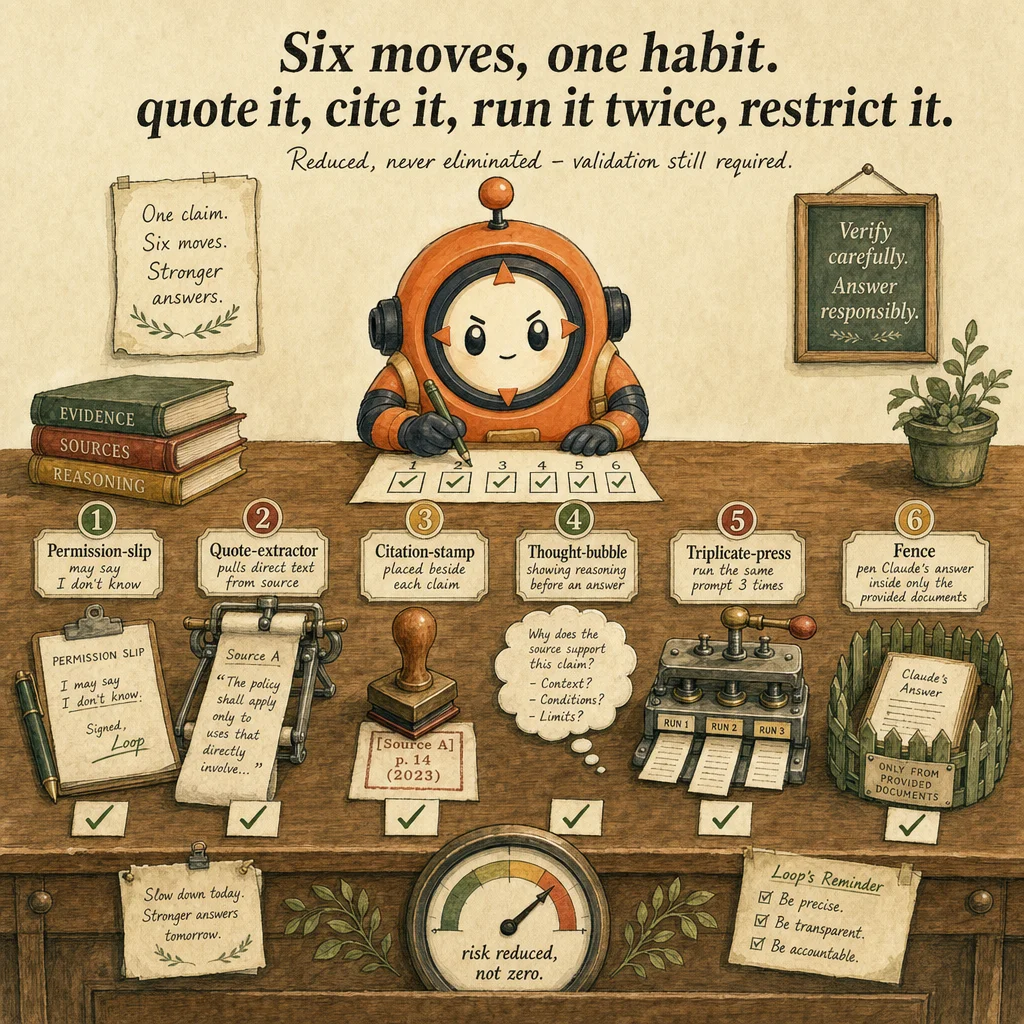 Identifying Hallucinations, Inconsistencies & Bias in AI Output mechanics, painterly diagram featuring Loop mascot.