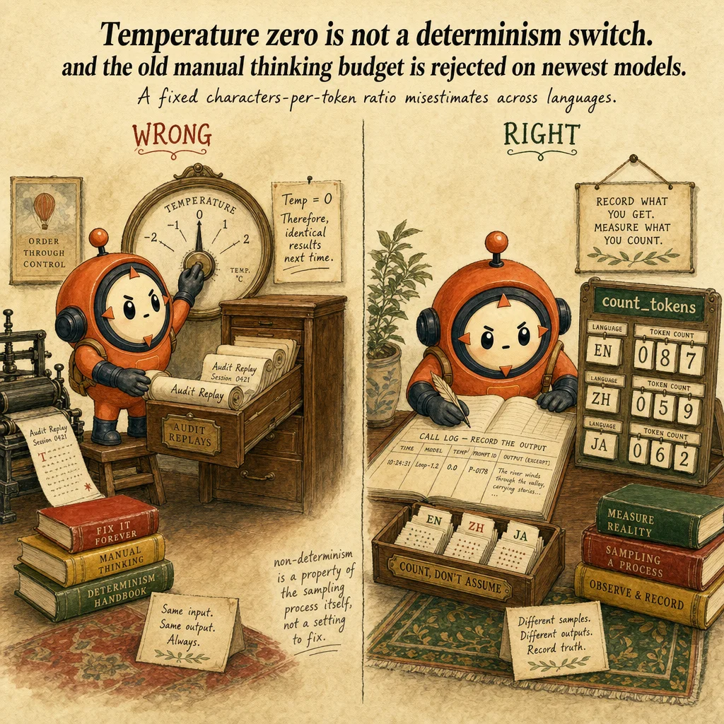 LLM Fundamentals: Tokens, Sampling & Non-Determinism exam trap, painterly cautionary scene featuring Loop mascot.