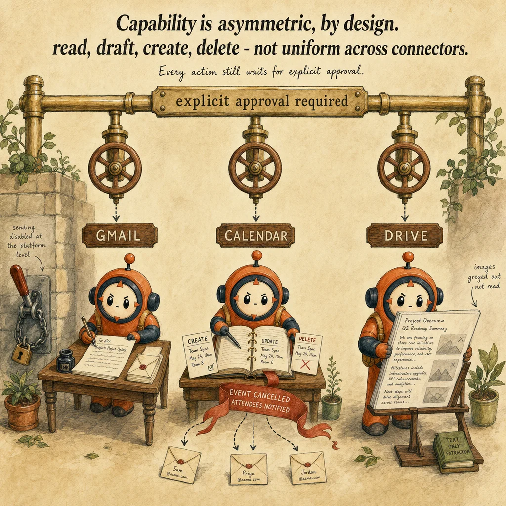 Managing Uploaded Knowledge & Connectors mechanics, painterly diagram featuring Loop mascot.