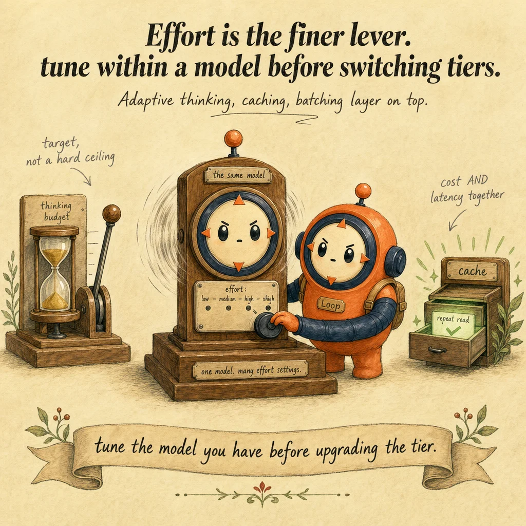 Claude Model Selection & Tradeoffs mechanics, painterly diagram featuring Loop mascot.